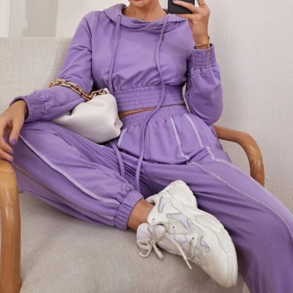 Shein Purple Shirred Elastic Waist Drawstring Hoodie and Jogger Set. Medium